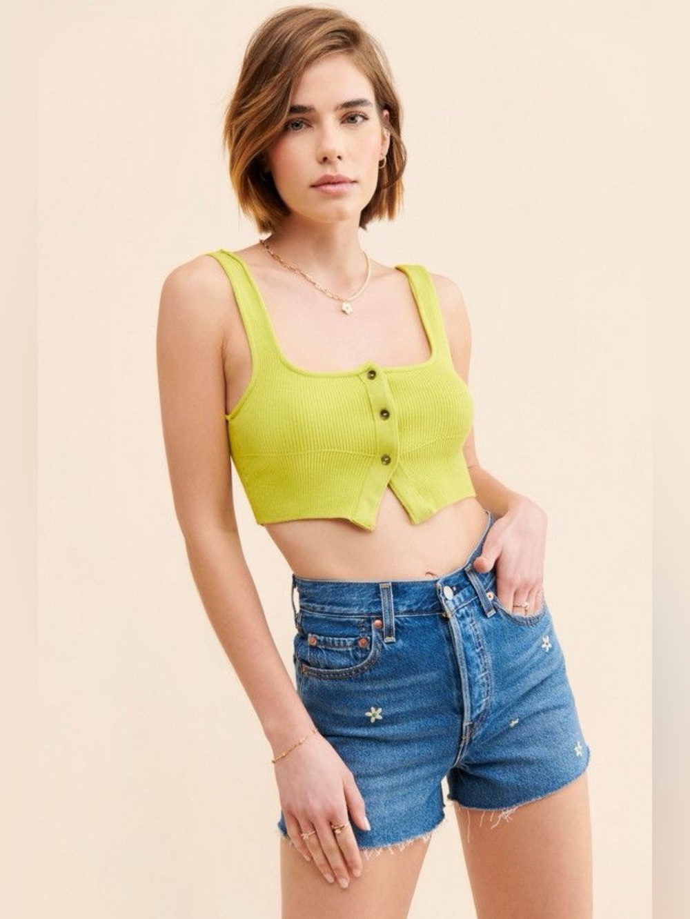 Urban Outfitters UO Lime Green Ribbed Knit Button Crop Tank Top Size Medium